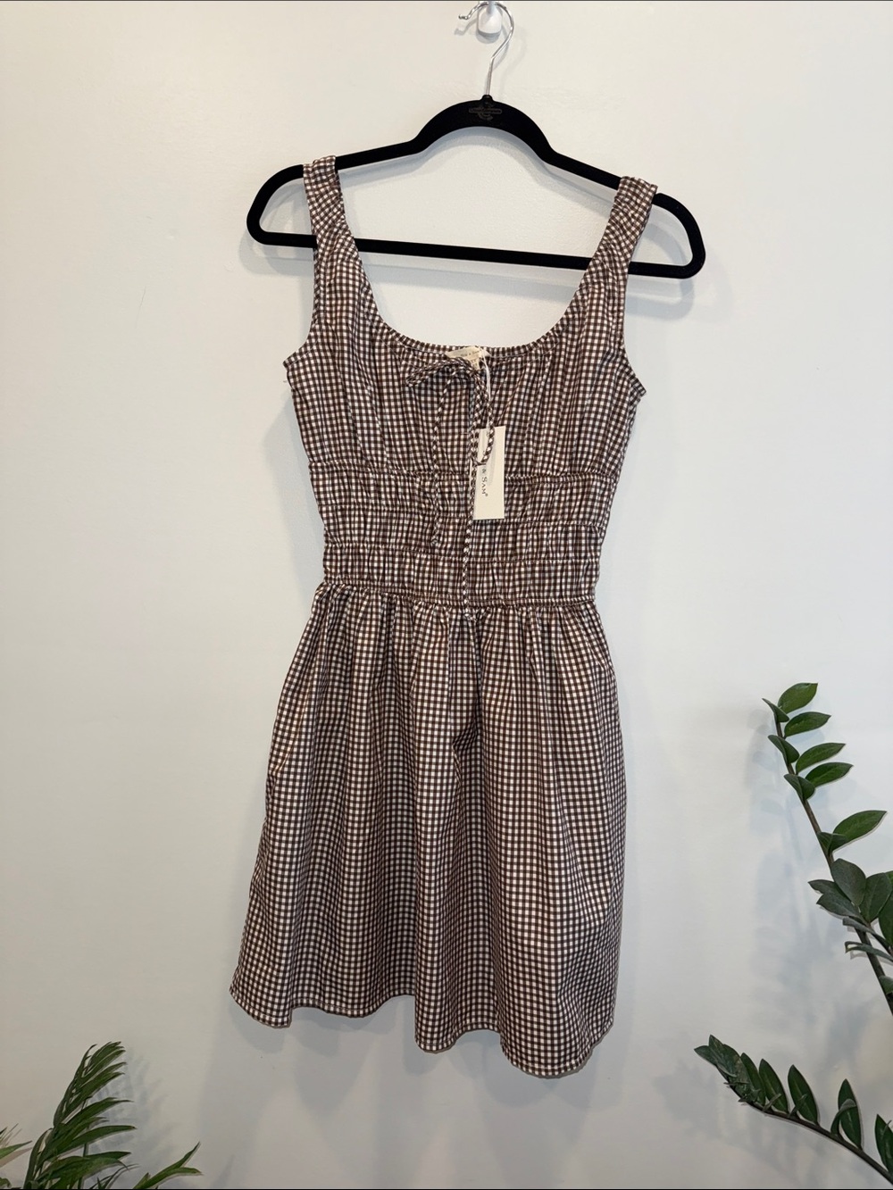Gingham Smocked Mini Dress - Brown/White